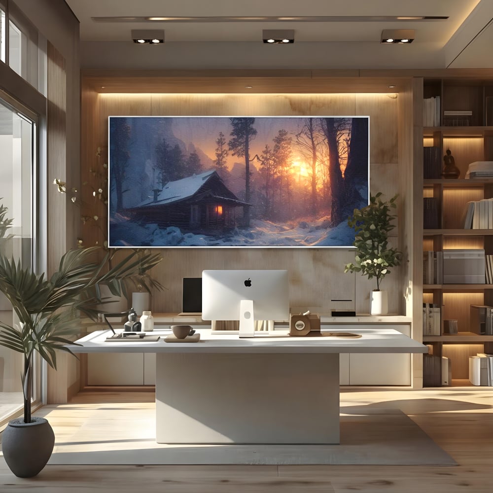 Tablou canvas cu tablou canvas cu cabana inzapezita, in rama de aluminiu argintiu, pe perete intr-un birou